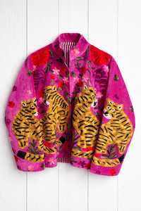 Veste Femme en Velours Rose Brodée Main Motif Tigre, Style Bohème Unique et Artistique, Motif Floral Suzani, Manteau Bohème Tendance pour Femme - Product Image 3