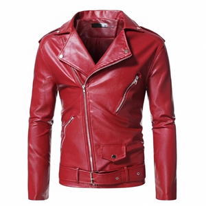 Custom Red Faux <b>Leather</b> Biker <b>Jacket</b> High Design Collar Slim Fit Coat With Belted Casual Outerwear For Unisex Comfort Wear - Product Image 1
