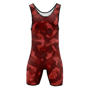 <b>Men</b> Red Camouflage Wrestling Singlet Sleeveless Fitted Moisture Wicking Sublimated Print Elastic Waist All Seasons - Product Image 1