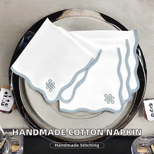 Handmade Modern Style Scallop Cotton Dinner Napkins 46x46cm White Blue Border Embroidered Endless Knot Washable Home Airplane - Product Image 2