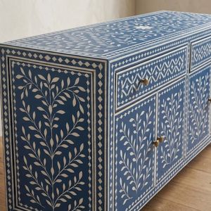 Aparador con Incrustaciones de Hueso Azul, Mueble de Madera Tallada con Cajones de Almacenamiento, Aparador Moderno para Sala de Estar - Product Image 3