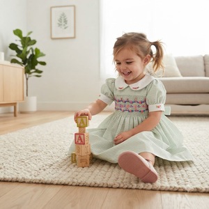 Wholesale ODM OEM Child Stylish Breathable Peter Pan Collar Puff Sleeve Cotton English Embroidered Hand Smocked Colorful Dress - Product Image 6