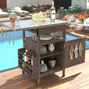 Mobiletto da Esterno in Legno Massello da 40,5 Pollici con Piano in Acciaio Inossidabile, Anta a Ribalta, Un Cassetto, Portasciugamani e Carrello per Barbecue - Product Image 1