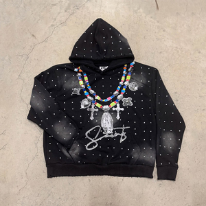 Men <b>Bulk</b> Custom Design French <b>Terry</b> Printed 100 Cotton 420 Gsm Double Hooded Patchwork Rhinestones Hoodie - Product Image 2