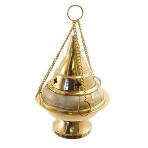 Brûleur d'encens chrétien artisanal en métal, croix sur le dessus, pour église, mariage, décoration de table, brûleur d'encens fait main, couleur or - Product Image 2