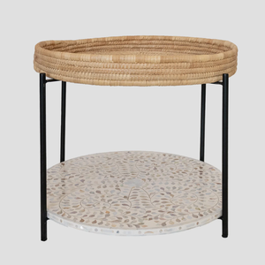 Nueva Llegada: Mesa de Centro Artesanal Estilo Rústico con Incrustaciones de Madreperla y Estante de Almacenamiento de Jacinto de Agua Tejido, Ecológica, Vietnam - Product Image 2