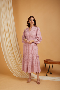 Mauve Eyelet Embroidered Maxi <b>Dress</b> <b>Long</b> Puff Sleeve Smocked Waist Tiered Hem Woven Cotton Prairie Chic Casual Midi <b>Dress</b> - Product Image 2