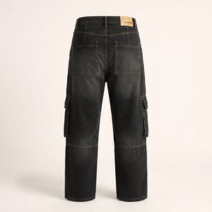 Pantalon cargo en jean décontracté pour homme, coupe ample, taille mi-haute, 100% coton, délavé, printemps/été, style utilitaire classique, marque privée disponible - Product Image 2