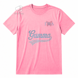 Camiseta de Mujer con Pedrería Brillante de la Hermandad Gamma Phi Delta, Cuello Redondo, Manga Corta, Jersey de Algodón Rosa, Diseño con Letras Griegas - Product Image 1