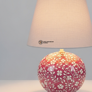 Lampe de table de luxe en os incrusté rose avec abat-jour beige |   Éclairage de chevet floral artisanal - Product Image 5