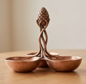 Vintage Handmade Copper Nut Server 4 Bowl Metal Serving <b>Stand</b> with Pinecone Design - Product Image 1