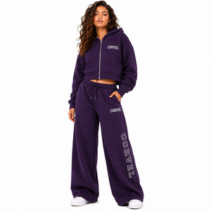 Ensemble de survêtement en molleton épais style urbain avec sweat à capuche court zippé et pantalon de survêtement oversize à jambes larges, personnalisable avec logo, pour l'hiver et l'automne - Product Image 1
