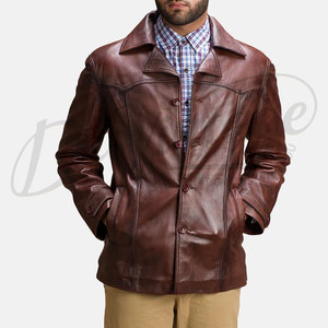 Veste en cuir marron vintage pour homme, classique, décontractée, boutonnée, en cuir véritable, coupe ajustée rétro, légère, pour l'automne - Product Image 1