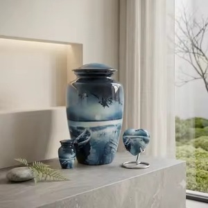 Urne funéraire de haute qualité en métal, grand format, avec paysage de plage au coucher du soleil et bandes florales argentées, pour cendres humaines d'adultes, avec couvercle. - Product Image 2