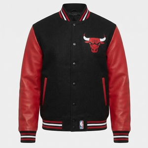 Novedades: Chaqueta Varsity Negra para Hombre con Mangas de Cuero PU Rojo, Bordado de Cabeza de Toro, Botones a Presión y Diseño Color Block - Estilo Béisbol - Product Image 5