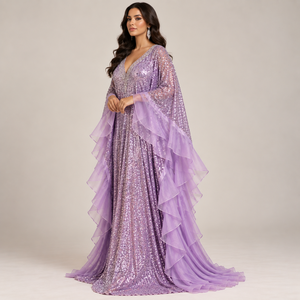 Purple <b>Sequin</b> Modest ODM Abaya Dress Plus Size Muslim Formal Wear Long Sleeve Ruffle Sheikhah Robe for Eid Party - Product Image 2