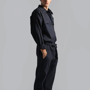 Customized Logo Printed Men's Dark Blue Long Sleeve Coveralls <b>With</b> Chest <b>Pockets</b> And Drawstring Waistband - Product Image 3
