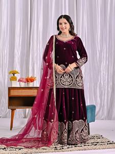 Premium Velvet Sharara Suit Set with Heavy Multi Needle Sequins Embroidery Designer Palazzo and Butterfly <b>Net</b> Dupatta - Product Image 3