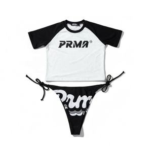 PRMA Women's Two Piece <b>Bikini</b> <b>Set</b> Push Halter Neck <b>Crop</b> <b>Top</b> Tie Thongs Orange White Plaid Print Spandex Polyester Eco-Friendly - Product Image 2