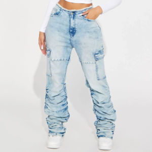 Jean en denim tendance et respirant pour femme, coupe droite, taille mi-haute, 6 poches, idéal pour l'été, qualité abordable - Product Image 1