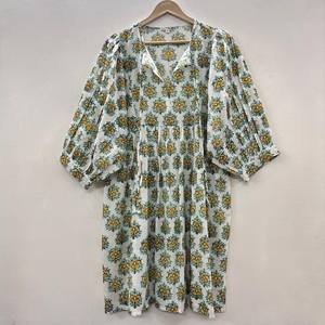 Vestido Midi Casual de Algodón para Mujer, Mangas Abullonadas, Cintura Imperio, Estilo Babydoll, Estampado Floral de Verano, Cuello en V Oversize, 100% Algodón, Holgado - Product Image 5