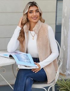 <b>Women's</b> <b>Beige</b> Faux Fur Vest Stand Collar Zipper Closure Sleeveless Outerwear Casual Style Solid Color Velour Fabric OEM - Product Image 5