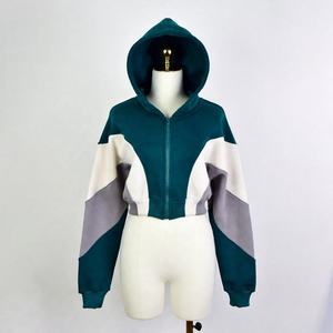 Women's <b>Cropped</b> Color Block <b>Zip</b> <b>Up</b> Hoodie Oversized Fleece Hooded Sweatshirt Casual Streetwear Jacket - Product Image 2