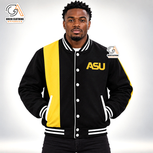 เสื้อแจ็คเก็ต ASU Varsity สำหรับผู้ชาย สีดำ-เหลือง แต่งลายปักโลโก้ คอปกพับได้ สไตล์ลำลอง สำหรับฤดูใบไม้ผลิ - Product Image 1