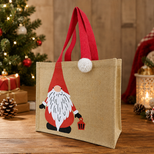 Sac fourre-tout de Noël en jute laminé avec imprimé Père Noël, pompon suspendu, 35,5x31,5x14,5 cm, poignée en coton rouge, logo personnalisé, vente en gros - Product Image 6