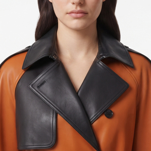 Manteau long en cuir véritable pour femme avec boutons, ceinture à la taille en cuir PU, col rabattu, pour filles - Product Image 4