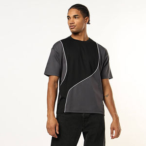 <b>Mens</b> Color Block Crew Neck T-<b>Shirt</b> Short Sleeve Black Grey Curved Panel Piping Detail Casual Cotton Top Custom Logo OEM ODM - Product Image 1