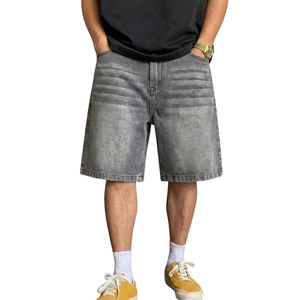 <b>Mens</b> <b>Woven</b> Denim <b>Shorts</b> Summer Mid Waist Button Five Pocket Relaxed Fit Knee Length Jeans Whisker Wash Vintage Streetwear - Product Image 1