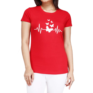 Camiseta de Verano de Manga Corta con Cuello Redondo Roja para Mujer, Estampado Personalizado de Mariposa y Latido de Corazón, Corte Regular, Informal, Tejido Acrílico de Secado Rápido - Product Image 1
