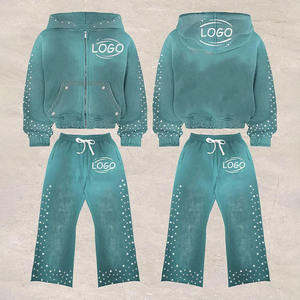 Conjunto de Sudadera con Capucha y Pantalones Anchos Acampanados de Estilo Urbano Casual para Hombre, Personalizado, de Poliéster/Algodón, con Cordón Ajustable, Lavado Ácido y Pedrería - Product Image 1