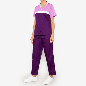 2026 Top Trendy Women's Purple <b>Scrub</b> <b>Set</b> With Pink Sleeves Hospital Uniform Cotton Polyester Woven Fabric - Product Image 1