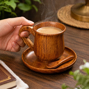 Handmade Wooden Coffee <b>Cup</b> <b>and</b> <b>Saucer</b> Set Rustic Wood <b>Tea</b> <b>Cup</b> with Spoon Natural Wooden Drinkware Set for Home Cafe Restaurant - Product Image 2