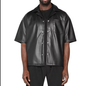 High Quality 100% Leather Turtleneck Short Sleeve Baggy Shirt Men Oversized Plain Dyed Solid Casual Windproof Breathable Quick - Product Image 1