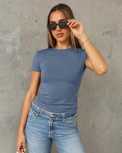 Women's Light Blue Crew Neck Short Sleeve Slim Fit Cotton Jersey T-Shirt Casual Solid Color Breathable All Seasons Top - Product Image 6