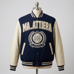 <b>Men</b> Navy Blue Letterman Jacket Wool Body <b>Leather</b> Sleeves Embroidered <b>Bomber</b> Jacket Custom OEM ODM Wholesale - Product Image 1