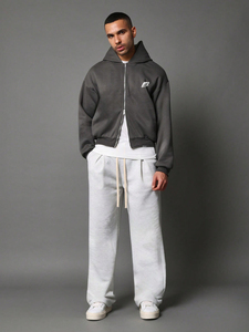 Sweat à capuche zippé épais et lourd gris foncé pour homme, coupe oversize et courte, avec logo personnalisé, épaules tombantes, double fermeture éclair, 100% coton, hiver, USA, Y2K - Product Image 5