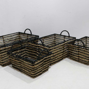 Panier de rangement rectangulaire rustique en jonc de mer écologique noir tressé avec poignées pour la lessive et la salle de bain - Product Image 2