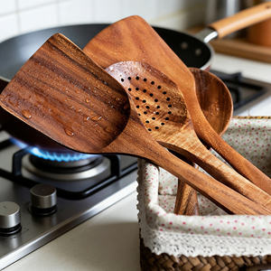Ensemble d'ustensiles de cuisine en bois, 5 pièces, spatule, cuillère, fourchette, résistant à la chaleur - Product Image 3