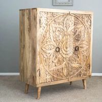 Buffet en bois sculpté à la main, armoire de rangement rustique au design antique avec poignées métalliques pour salon, meubles de maison