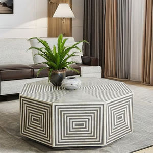 Table basse moderne minimaliste multifonctionnelle en incrustation d'os avec design géométrique à rayures blanches Meubles de salon fabriqués à la main - Product Image 3