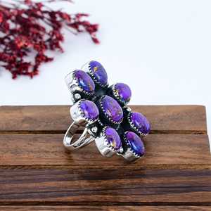 Anillo de Cobre con Turquesa Púrpura en Racimo, Plata de Ley 925 Oxidada, Joyería Floral Boho con Piedras Preciosas, Regalo para Ella - Product Image 5