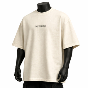 T-shirt formel tricoté 100 % coton beige surdimensionné pour homme, personnalisé, écologique, avec imprimé lettres minimaliste, coupe ample, anti-UV, vente en gros - Product Image 1