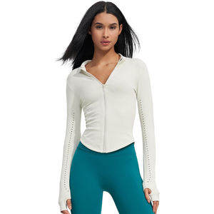 Veste de yoga zippée pour femme, col haut, manches longues, trous pour les pouces, nylon et élasthanne, légère, respirante, anti-humidité - Product Image 1