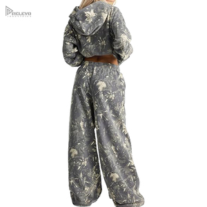 High Quality Vintage Floral Camo Print Tracksuit, Women Loose Fit Hooded Sweatshirt Wide Leg Drawstring Trouser Pant Set - Product Image 1