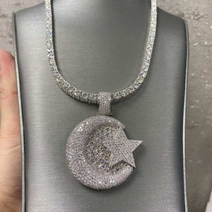 Splendid Gift Jewelry Moissanite Islamic Star Crescent Pendant 925 <b>Silver</b> Rhodium Plated Luxury Unisex <b>Charm</b> Gift - Product Image 3