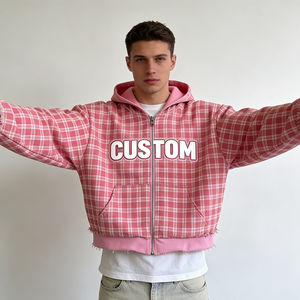 Sweat à capuche zippé pour homme en tissu à carreaux rose avec bordure à franges et impression de lettres personnalisée, style oversize décontracté streetwear pour le quotidien - Product Image 3